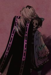 Rule 34 | 1boy, 1girl, black eyes, black hair, blonde hair, butterfly hair ornament, commentary request, douma (kimetsu no yaiba), empty eyes, hair ornament, height difference, highres, japanese clothes, kimetsu no yaiba, kochou shinobu, long hair, long sleeves, open mouth, parted bangs, roize, sleeves past fingers, sleeves past wrists, smile