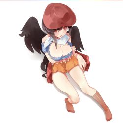 Rule 34 | 1girl, bare shoulders, black wings, breasts, brown hair, cleavage, cowboy hat, fairyfloss, full body, hat, highres, horse girl, horse tail, kurokoma saki, large breasts, legs, open mouth, red eyes, simple background, sitting, skirt, smile, solo, tail, touhou, white background, wily beast and weakest creature, wings