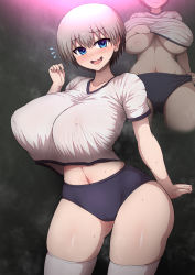 Rule 34 | 1girl, blue eyes, blush, breasts, buruma, covered erect nipples, curvy, fang, gym uniform, highres, huge breasts, looking at viewer, navel, open mouth, ponponmaru, short hair, short sleeves, silver hair, simple background, skin fang, smile, solo, stomach, sweat, thick thighs, thighhighs, thighs, undersized clothes, uzaki-chan wa asobitai!, uzaki hana, v-neck, white thighhighs, wide hips