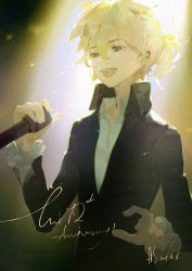 Rule 34 | 1boy, :d, a-shacho, anniversary, black jacket, blonde hair, collared shirt, commentary, dated, dress shirt, earphones, frilled sleeves, frills, highres, holding, holding microphone, jacket, kagamine len, long sleeves, male focus, microphone, open mouth, ponytail, shirt, signature, smile, solo, sparkle, upper body, vocaloid, white shirt, wing collar