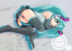 Rule 34 | 1girl, bass clef, beamed quavers, character name, cyprus, flat sign, green eyes, green hair, hatsune miku, long hair, lying, matching hair/eyes, musical note, quaver, quaver rest, sharp sign, sheet music, skirt, solo, thighhighs, treble clef, very long hair, vocaloid
