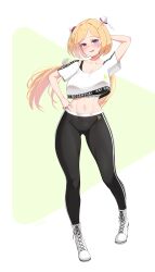 Rule 34 | 1girl, absurdres, aki rosenthal, alternate costume, black pants, blonde hair, blue eyes, blush, collarbone, crop top, detached hair, full body, hair ornament, harry (dudwofla), highres, hololive, logo, long hair, looking at viewer, midriff, navel, official alternate costume, open mouth, pants, shirt, short sleeves, smile, solo, sports bra, sportswear, standing, virtual youtuber, white background, white footwear, white shirt, yoga pants