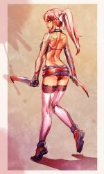 Rule 34 | 1girl, ass, bow (bhp), brown eyes, highres, knife, legs, original, pink hair, ponytail, reverse grip, solo, tattoo, thighhighs