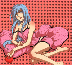 Rule 34 | 1girl, absurdly long hair, anniversary, apple, aqua eyes, aqua hair, bare legs, bare shoulders, barefoot, birthday, blouse, blue eyes, blue hair, blush, breasts, camisole, cleavage, collarbone, dpzkzl, dress shirt, feet, feet out of frame, female focus, food, frilled camisole, frilled skirt, frills, fruit, hair over shoulder, happy birthday, hatsune miku, lace-trimmed camisole, lace trim, long hair, midriff, navel, pajamas, parted lips, pink camisole, pink pajamas, pink shirt, pink shorts, polka dot, polka dot background, polka dot pajamas, polka dot shorts, red background, romeo to cinderella (vocaloid), shirt, short shorts, shorts, skirt, sleeveless, sleeveless shirt, small breasts, smile, solo, spaghetti strap, very long hair, vocaloid