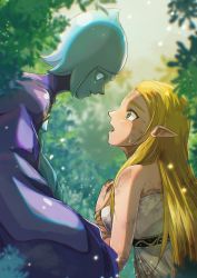 Rule 34 | 2girls, bare arms, bare shoulders, blonde hair, blue eyes, blue hair, blue skin, bracelet, breasts, chest jewel, colored skin, crossover, day, dress, elf, eye contact, fi (zelda), forest, from side, hand up, highres, injury, jewelry, light particles, long hair, looking at another, medium breasts, multiple girls, nature, nintendo, open mouth, outdoors, pointy ears, princess zelda, sakuya 996, short hair, straight hair, strapless, strapless dress, tears, the legend of zelda, the legend of zelda: breath of the wild, the legend of zelda: skyward sword, white dress