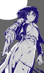 Rule 34 | 1girl, blue eyes, closed mouth, collar, collarbone, dagger, floating hair, from below, full moon, fur trim, glint, holding, holding weapon, jacket, japanese clothes, kara no kyoukai, kimono, knife, kojima saya, long sleeves, looking at viewer, looking down, monochrome, moon, night, night sky, open clothes, open jacket, outdoors, ryougi shiki, sash, serious, short hair, sky, solo, spot color, standing, star (sky), starry sky, unzipped, weapon