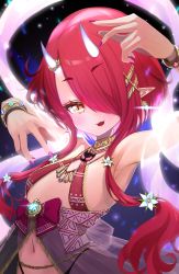 Rule 34 | 1girl, arm up, armpits, bare arms, bikini, bracelet, commentary request, dancer, dancing, earrings, eyelashes, fangs, fingernails, hair ornament, hair over one eye, hairclip, halterneck, highres, hoozuki warabe, horns, jewelry, kajimakoto, long hair, looking at viewer, nail polish, navel, neck ring, noripro, oni, oni horns, open mouth, pointy ears, red bikini, red hair, red nails, short hair with long locks, smile, solo, swept bangs, swimsuit, virtual youtuber, yellow eyes
