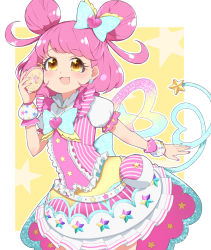 Rule 34 | 1girl, :d, absurdres, blue bow, bow, bubble skirt, commentary, cowboy shot, double bun, dress, earrings, hair bow, hair bun, heart, heart tail, highres, holding, idol, jewelry, kiracchu (pri chan), kiratto pri chan, looking at viewer, medium hair, nail polish, open mouth, outside border, pink dress, pink hair, pink nails, pouch, pretty series, short dress, skirt, smile, solo, standing, star-shaped pupils, star (symbol), star earrings, star print, symbol-shaped pupils, tail, toon (noin), wrist cuffs, yellow background, yellow eyes