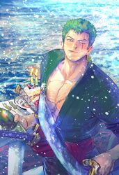 Rule 34 | 1boy, birthday, birthday cake, blush, cake, coat, earrings, eg (eastg111), food, green coat, green hair, happy birthday, highres, holding, holding sword, holding weapon, jewelry, looking at viewer, male focus, ocean, one eye closed, one piece, open clothes, pectoral cleavage, pectorals, red sash, roronoa zoro, sash, scar, scar across eye, scar on chest, scar on face, short hair, sideburns, single earring, smile, solo, sword, triple wielding, upper body, weapon
