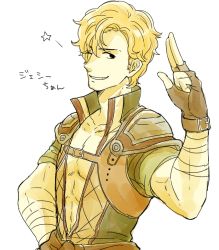 Rule 34 | 1boy, 31sgic, abs, bandages, blonde hair, fingerless gloves, fire emblem, fire emblem echoes: shadows of valentia, gloves, jesse (fire emblem), male focus, nintendo, one eye closed, simple background, solo, star (symbol), teeth, upper body, white background
