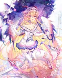Rule 34 | 1girl, blonde hair, blush, breasts, choker, cleavage, commission, dress, elbow gloves, falling petals, feathered wings, flower, frilled dress, frilled hairband, frills, garter straps, gloves, gradient clothes, gradient dress, hair ornament, hairband, highres, holding, holding umbrella, horns, large breasts, looking at viewer, mary janes, munlu (wolupus), original, petals, pink flower, pink rose, purple footwear, red eyes, rose, shoes, skeb commission, solo, standing, standing on one leg, thighhighs, umbrella, white gloves, white thighhighs, wings