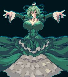 Rule 34 | 1girl, abs, adapted costume, black background, black headwear, breasts, cleavage, covered erect nipples, covered navel, cross-laced clothes, dress, frilled dress, frills, full body, green dress, green hair, huge breasts, juliet sleeves, long sleeves, mmmmatimmmmati, ofuda, ofuda on clothes, outstretched arms, pixel art, puffy sleeves, short hair, simple background, soga no tojiko, solo, touhou, travel attendant