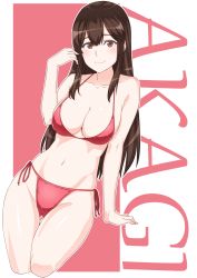 Rule 34 | 1girl, akagi (kancolle), bikini, blush, breasts, brown eyes, brown hair, character name, cleavage, closed mouth, collarbone, commentary request, cowboy shot, cropped legs, gluteal fold, hand in own hair, highres, igarashi (igarashi 346), kantai collection, large breasts, leaning to the side, long hair, looking at viewer, navel, partial commentary, red bikini, side-tie bikini bottom, smile, solo, standing, straight hair, swimsuit, thigh gap, thighs