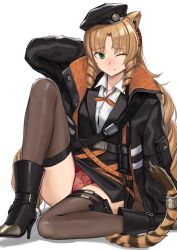 Rule 34 | 1girl, absurdres, animal ears, arknights, belt, beret, black belt, black footwear, black hat, black jacket, black skirt, black thighhighs, blonde hair, boots, collared shirt, drill hair, drill sidelocks, green eyes, hat, high heel boots, high heels, highres, jacket, kuro (zhurunbo1997), long hair, long sleeves, one eye closed, open clothes, open jacket, panties, pantyshot, pouch, red panties, shirt, side drill, sidelocks, simple background, skirt, solo, swire (arknights), tail, tail ornament, tail ring, thigh pouch, thighhighs, tiger ears, tiger tail, underwear, white background, white shirt