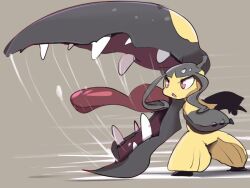 Rule 34 | :o, artist request, creatures (company), extra mouth, full body, game freak, gen 3 pokemon, iron head (pokemon), long hair, mawile, motion lines, nintendo, open mouth, pokemon, pokemon (creature), red eyes, sharp teeth, simple background, solo, standing, teeth