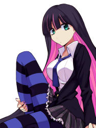 Rule 34 | 10s, 1girl, bad id, bad pixiv id, between breasts, blue hair, breasts, colored inner hair, green eyes, highres, jacket, kuro (1968), kuro (artist), multicolored hair, necktie, panty &amp; stocking with garterbelt, pantyhose, pink hair, sitting, skirt, solo, stocking (psg), striped clothes, striped pantyhose, thighhighs