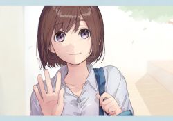 Rule 34 | 1girl, bag, blue eyes, brown hair, buttons, closed mouth, collared shirt, commentary request, dress shirt, kawai makoto, letterboxed, looking at viewer, original, shirt, short hair, shoulder bag, smile, solo, waving, white shirt