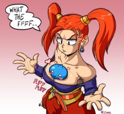 Rule 34 | 1girl, anger vein, annoyed, bare shoulders, belt, between breasts, breasts, brown eyes, cleavage, commentary, corset, dragon quest, dragon quest viii, dress, earrings, english commentary, english text, highres, jessica albert, jewelry, large breasts, long hair, monster, off shoulder, orange hair, pink background, rcasedrawsstuff, signature, slime (dragon quest), sound effects, speech bubble, strapless, strapless dress, twintails