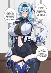 Rule 34 | absurdres, blue hair, blush, breasts, english text, eula (genshin impact), genshin impact, gloves, hair ornament, hella p, highres, large breasts, smile, thighs, yellow eyes