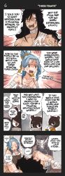 Rule 34 | 1boy, 1girl, bandages, black hair, blue hair, cat, english text, closed eyes, fairy tail, gajeel redfox, highres, levy mcgarden, open mouth, pantherlily, rusky, sharp teeth, speech bubble, tattoo, teeth