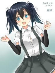 Rule 34 | 10s, 1girl, 2015, asashio (kancolle), asashio (kancolle) (cosplay), bandages, black hair, blue eyes, blush, breasts, bursting breasts, character name, cosplay, dated, female focus, hair ribbon, hanazome dotera, impossible clothes, impossible shirt, japanese clothes, kantai collection, large breasts, open mouth, ribbon, sarashi, shirt, short hair, skirt, solo, souryuu (kancolle), straining buttons, suspenders, twintails, twitter username