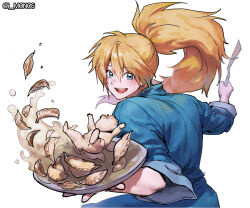 Rule 34 | 1girl, blue eyes, blue shirt, cooking, dorohedoro, dumpling, food, hair between eyes, highres, holding, holding plate, holding spatula, i monos, jiaozi, light brown hair, long hair, looking at viewer, nikaidou (dorohedoro), open mouth, orange hair, plate, ponytail, shirt, sleeves rolled up, smile, solo, spatula, twitter username, upper body, white background, wide ponytail