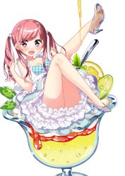Rule 34 | 1girl, absurdres, blush, breasts, cleavage, feet, food, glass slipper, highres, ice cream, leg up, long hair, looking at viewer, open mouth, pink eyes, pink hair, soles, sundae, toes, transparent footwear, twintails