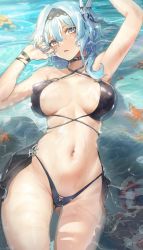 Rule 34 | 1girl, absurdres, areola slip, arm up, armpits, bare shoulders, bikini, black bikini, black hairband, blue hair, blush, breasts, breasts apart, commentary request, covered erect nipples, criss-cross halter, day, eula (genshin impact), female pubic hair, from above, genshin impact, gluteal fold, groin, hair ornament, hairband, halterneck, highres, large breasts, long hair, looking at viewer, luobo (nsnr8754), lying, navel, on back, open mouth, outdoors, pubic hair, pubic hair peek, revision, shallow water, solo, starfish, stomach, swimsuit, thighs, waist cape, water, wristband, yellow eyes