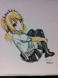 Rule 34 | 1girl, 2013, alternate costume, black thighhighs, blonde hair, brown eyes, dated, enmaided, fairy tail, frills, from behind, hugging own legs, looking back, lucy heartfilia, maid, maid headdress, mashima hiro, no shoes, official art, ribbon, signature, smile, solo, thighhighs, traditional media, twintails