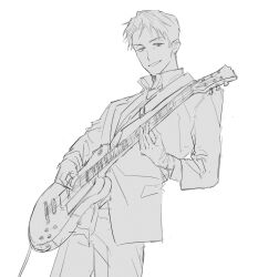 Rule 34 | 1boy, collared shirt, cowboy shot, electric guitar, gloves, greyscale, guitar, highres, holding, holding plectrum, instrument, library of ruina, long sleeves, monochrome, music, mye 66, necktie, pants, parted bangs, playing instrument, plectrum, project moon, roland (project moon), shirt, sketch, solo
