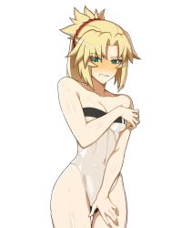 Rule 34 | 1girl, blonde hair, blush, breasts, collarbone, covered navel, cowboy shot, eyes visible through hair, fate/apocrypha, fate (series), green eyes, gris swimsuit, highres, hyperbudd, meme attire, mordred (fate), one-piece swimsuit, parted lips, ponytail, see-through, simple background, small breasts, solo, swimsuit, teeth, wet, white background