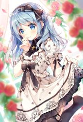 Rule 34 | 1girl, black bow, black thighhighs, blue eyes, blue hair, blurry, blurry background, blush, bow, closed mouth, commentary request, depth of field, dress, finger to mouth, flower, hair bow, lifted by self, long hair, looking at viewer, original, puffy sleeves, rose, short sleeves, skirt hold, smile, solo, suimya, thighhighs