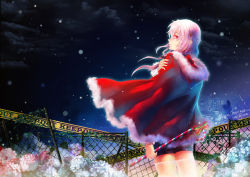 Rule 34 | 10s, 1girl, bad id, bad pixiv id, building, candy, candy cane, caution tape, christmas, fence, flower, food, from behind, fur, guilty crown, hair ornament, hairclip, holding, holding candy, holding candy cane, hood, keep out, looking back, merry christmas, night, night sky, pink hair, red eyes, santa costume, signature, sky, snow, solo, stells, thighhighs, yuzuriha inori
