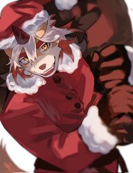 Rule 34 | 1boy, arknights, axianorange, colored tips, commentary, english commentary, engrish commentary, fur-trimmed headwear, fur-trimmed jacket, fur trim, furry, furry male, hat, highres, holding, holding sack, horns, hung (arknights), jacket, komainu boy, komainu ears, komainu tail, looking at viewer, male focus, multicolored hair, open mouth, orange eyes, red jacket, sack, santa costume, santa hat, single horn, smile, white background