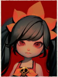 Rule 34 | 1girl, alternate costume, artist name, ashley (warioware), bare shoulders, bellhenge, black hair, border, bow, bowtie, child, closed mouth, commentary, english commentary, expressionless, eyelashes, headdress, lace, lace-trimmed swimsuit, lace trim, light blush, long hair, looking at viewer, nintendo, one-piece swimsuit, orange bow, orange bowtie, orange headwear, red background, red eyes, red one-piece swimsuit, skull belt, solo, straight-on, swimsuit, twintails, upper body, warioware, white border