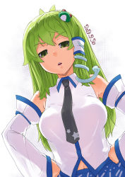 Rule 34 | 1girl, armpits, black necktie, blue ribbon, breasts, collared shirt, dated, detached sleeves, frog hair ornament, from below, green eyes, green hair, hair ornament, hair tubes, hands on own hips, japanese clothes, kei jiei, kochiya sanae, large breasts, long hair, looking at viewer, miko, navel, necktie, open mouth, ribbon, shirt, simple background, sleeveless, snake hair ornament, solo, star (symbol), teeth, touhou, upper teeth only, white background, white shirt