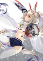 Rule 34 | 1girl, ayanami (azur lane), azur lane, belt, blonde hair, blue skirt, cannon, commentary request, crop top, detached sleeves, from side, gun, headgear, highres, hino kagutsuki, long hair, long sleeves, looking at viewer, midriff, miniskirt, navel, neckerchief, pleated skirt, ponytail, red eyes, retrofit (azur lane), skirt, solo, stomach, sword, thighhighs, very long hair, weapon, white thighhighs, wide sleeves, yellow neckerchief