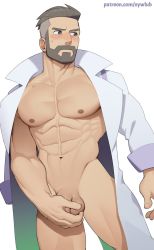 Rule 34 | 1boy, abs, bara, beard, blush, coat, covering crotch, covering privates, creatures (company), facial hair, game freak, highres, lab coat, large pectorals, male focus, muscular, muscular male, naked labcoat, navel, nintendo, nipples, nude, nywlub (bulwyn), open clothes, open coat, patreon username, pectorals, penis, pokemon, pokemon sv, short hair, simple background, solo, testicles, turo (pokemon), undercut, white background