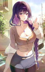 1girl absurdres alternate_costume bag belt black_pantyhose breasts casual cleavage commentary crop_top gem genshin_impact hand_up highres jacket jaduade jewelry large_breasts long_hair long_sleeves looking_at_viewer midriff mole mole_under_eye navel necklace open_clothes open_jacket outdoors pantyhose parted_lips purple_eyes purple_gemstone purple_hair raiden_shogun skirt solo standing white_belt