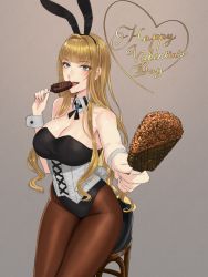 Rule 34 | 1girl, absurdres, bare shoulders, black leotard, blonde hair, blush, breasts, brooch, brown pantyhose, chair, cleavage, corset, damegane, detached collar, eating, green eyes, grey background, hair intakes, happy valentine, heart, highleg, highleg leotard, highres, ice cream bar, jewelry, large breasts, leotard, long hair, looking at viewer, open mouth, original, outstretched arm, pantyhose, playboy bunny, simple background, smile, solo, strapless, strapless leotard, thighs, underbust, valentine, victoria (damegane), wrist cuffs