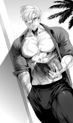 Rule 34 | 1boy, abs, absurdres, bara, bare pectorals, beard, book, cigarette, collared shirt, cottonffish, facial hair, glasses, greyscale, hand in pocket, highres, holding, holding book, large pectorals, leonidas (shuumatsu no valkyrie), looking at viewer, male focus, monochrome, muscular, muscular male, navel, nipples, open book, open clothes, open shirt, pants, pectorals, scar, scar on arm, scar on chest, scar on face, scar on stomach, shirt, short hair, shuumatsu no valkyrie, solo