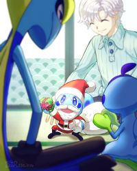 Rule 34 | 1boy, blue eyes, blurry, buttons, closed eyes, closed mouth, clothed pokemon, commentary request, creatures (company), drizzile, evolutionary line, game freak, gen 8 pokemon, gift, green shirt, grey hair, hat, highres, holding, holding gift, holding sack, indoors, inteleon, jacket, long sleeves, male focus, marutto inte, nintendo, pants, pokemon, pokemon (creature), red headwear, red jacket, red pants, sack, santa hat, shirt, short hair, smile, sobble, tatami