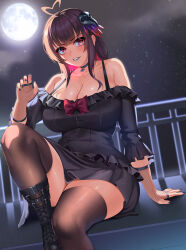 Rule 34 | 1girl, absurdres, ahoge, bare shoulders, black dress, blush, boots, breasts, brown eyes, brown hair, brown thighhighs, choker, cleavage, collarbone, commission, dress, fishnet gloves, fishnets, foot out of frame, full moon, gloves, grin, hair ornament, heart, heart ahoge, highres, kisaragi tsurugi, knee up, large breasts, legs, long hair, long sleeves, looking at viewer, moon, night, night sky, original, pixiv commission, sidelocks, sitting, sky, smile, solo, thighhighs, thighs
