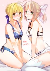 Rule 34 | 2girls, ahoge, arm support, artoria pendragon (all), artoria pendragon (fate), blonde hair, bra, breasts, cleavage, dual persona, fate/grand order, fate/stay night, fate/unlimited codes, fate (series), green eyes, groin, highres, medium breasts, multiple girls, navel, official alternate costume, panties, pink background, saber (fate), saber lily, sentaku nori, sitting, small breasts, sweatdrop, thighhighs, twitter username, underwear, v arms, wariza, white bra, white legwear, white panties