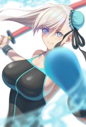 Rule 34 | 1girl, asymmetrical hair, bare shoulders, black one-piece swimsuit, black ribbon, black wristband, blue eyes, blue one-piece swimsuit, blurry, blush, breasts, bun cover, competition swimsuit, depth of field, fate/grand order, fate (series), hair bun, hair ribbon, highres, large breasts, long hair, looking at viewer, miyamoto musashi (fate), miyamoto musashi (fate/grand order), miyamoto musashi (swimsuit berserker) (fate), miyamoto musashi (swimsuit berserker) (first ascension) (fate), one-piece swimsuit, parted lips, ribbon, single hair bun, smile, solo, swept bangs, swimsuit, takehisa tomoe, toy sword, two-tone swimsuit