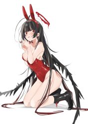 Rule 34 | 1girl, absurdly long hair, absurdres, animal ears, antenna hair, armpit crease, bare arms, black footwear, black hair, blue archive, boots, breasts, cleavage, commentary, covered navel, deitaku, embarrassed, fake animal ears, from side, gradient hair, halo, highres, kneeling, leaning forward, leotard, long hair, looking at viewer, medium breasts, multicolored hair, playboy bunny, rabbit ears, red eyes, red hair, red leotard, simple background, solo, steepled fingers, sweat, tearing up, thighs, tsurugi (blue archive), very long hair, white background, wings