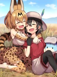 Rule 34 | 10s, 2girls, ^ ^, animal ears, bag, bare shoulders, black hair, blonde hair, bow, bowtie, bucket hat, closed eyes, elbow gloves, closed eyes, feathers, gloves, hand on another&#039;s arm, hat, hug, hug from behind, kaban (kemono friends), kemono friends, lucky beast (kemono friends), minami ikkei, multicolored hair, multiple girls, open mouth, pantyhose, seiza, serval (kemono friends), serval print, serval tail, shirt, short hair, shorts, sitting, skirt, smile, t-shirt, tail, thighhighs