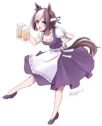 Rule 34 | 1girl, :d, alcohol, alternate costume, animal ears, apron, beer, beer mug, blue dress, bob cut, bow, breasts, cleavage, commentary request, cup, dirndl, dress, ear bow, frilled sleeves, frills, german clothes, hachimaki, hand on own hip, headband, holding, holding cup, horse ears, horse girl, horse tail, leaning forward, looking at viewer, medium breasts, mug, multicolored hair, open mouth, puffy short sleeves, puffy sleeves, purple bow, purple eyes, short dress, short hair, short sleeves, smile, solo, special week (umamusume), standing, standing on one leg, streaked hair, tail, tonpuu, twitter username, two-tone hair, umamusume, waist apron, white apron, white hair, white headband
