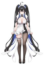Rule 34 | 1girl, ahoge, ankle strap, asymmetrical legwear, bell, black hair, black nails, blue eyes, blue hair, blush, breasts, cleavage, dress, fingernails, frilled dress, frilled thighhighs, frills, hair intakes, high heels, highres, jewelry, large breasts, long fingernails, long hair, looking at viewer, maid headdress, multicolored hair, nail polish, neck bell, original, scrunchie, solo, split mouth, tacco (tikeworld), thighhighs, twintails, two-tone dress, two-tone hair, virtual youtuber, white background, wrist scrunchie