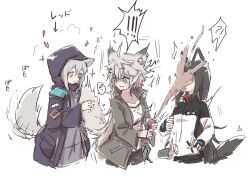Rule 34 | 3girls, ^^^, animal ear fluff, animal ears, arknights, arrow (symbol), bendy straw, black hair, black jacket, brown eyes, collarbone, cropped legs, cup, drinking straw, grey eyes, grey hair, grey jacket, hair between eyes, hair ornament, hairclip, holding, holding cup, hood, hood up, hooded jacket, in the face, jacket, lappland (arknights), long hair, multiple girls, nejikyuu, open clothes, open jacket, projekt red (arknights), simple background, sparkle, tail, tail fondling, tail grab, texas (arknights), turn pale, very long hair, white background, white jacket
